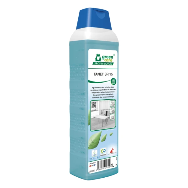 Detergent ecologic concentrat, TANET SR 15, Green Care,  pentru orice pardoseli si suprafete lavabile, din piatră, cauciuc, lemn lacuit, linoleum, PVC, PUR, plastic, sticlă, ceramică, metal, 1L, certificare Ecolabel, Nordic Swan, Cradle-to Cradle, Biodegradabil complet, Dilutie 0,5%