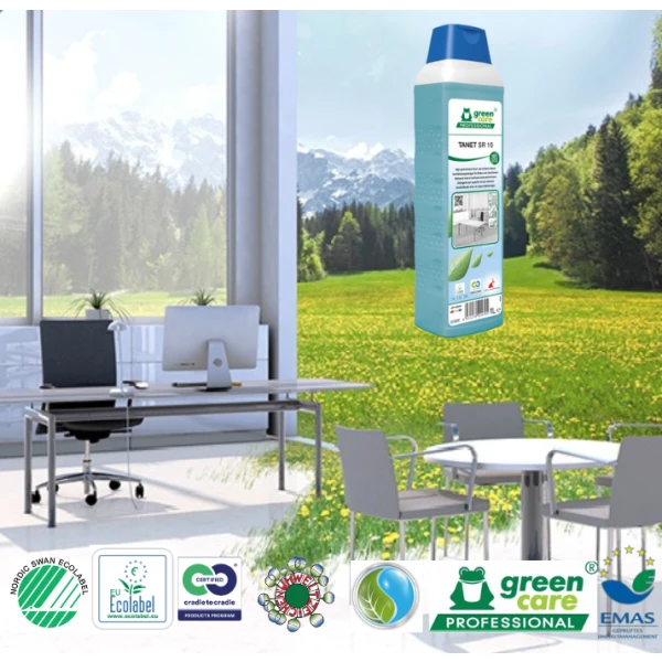 Detergent ecologic concentrat, TANET SR 15, Green Care,  pentru orice pardoseli si suprafete lavabile, din piatră, cauciuc, lemn lacuit, linoleum, PVC, PUR, plastic, sticlă, ceramică, metal, 1L, certificare Ecolabel, Nordic Swan, Cradle-to Cradle, Biodegradabil complet, Dilutie 0,5%