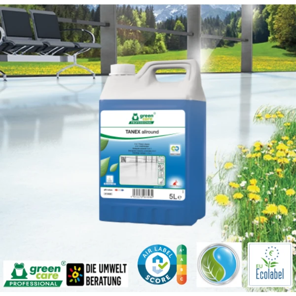 Detergent ecologic concentrat , TANEX Allround, Green Care, 4 in 1, pentru întreținere, curățare intensa sau decapare a pardoselilor și suprafețelor, 5L, certificat A+ Air Label Score, Ecolabel, Cradle-to-Cradle, CLP Free, Biodegradabil complet