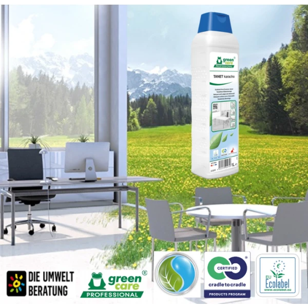 Detergent ecologic concentrat, Tanet Karacho, Green Care, pentru mobila,usi, pardoseli, covoare, tapiserii, textile, 1L, certificat Ecolabel, Cradle-to-Cradle, CLP Free, Biodegradabil complet