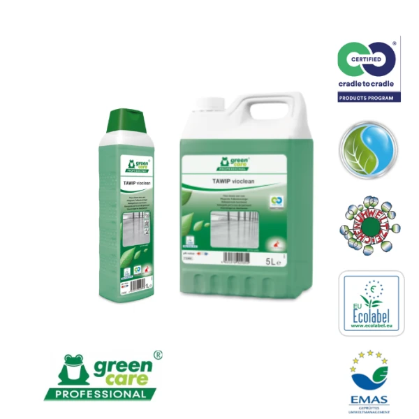 Detergent ecologic concentrat Tawip Vioclean, Green Care, 1L,  pentru pardoseli, din PVC, linoleum, cauciuc, piatră, lemn, cu efect antistatic, antialunecare, certificat Ecolabel, Cradle-to-Cradle, Biodegradabil, CLP free