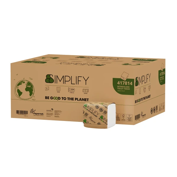 Hartie igienica bulk Papernet Simplify 417814, 2 straturi, alb, celuloza, 19.4 x 11 cm, certificare Ecolabel, FSC Hartie igienica bulkpack intercalata pliata Papernet Simplify 417814, dizolvabila in apa, 2 straturi, alb, celuloza, 19.4 x 11 cm, certificare Ecolabel, FSC, 224 portii/pachet, 40 pachete/bax