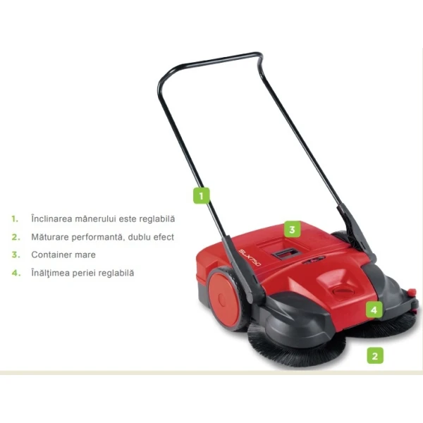 Maturatoare manuala Tennant  SLX 750M, pentru interior si exterior, inaltime perie reglabila, container 50l, pentru spatii mai mici de 2500 m²