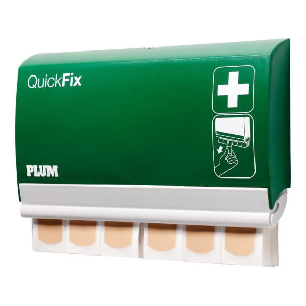 Dispenser cu 90 de plasturi impermeabili Plum Quick Fix, plasturi din polietilena, potriviti pentru medii de lucru umede, prindere pe perete, reincarcabil, cu sistem de blocare