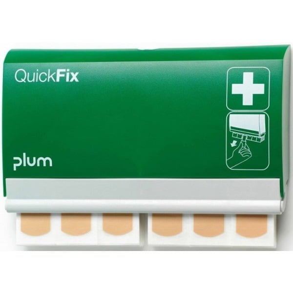 Dispenser cu 90 de plasturi impermeabili Plum Quick Fix, plasturi din polietilena, potriviti pentru medii de lucru umede, prindere pe perete, reincarcabil, cu sistem de blocare