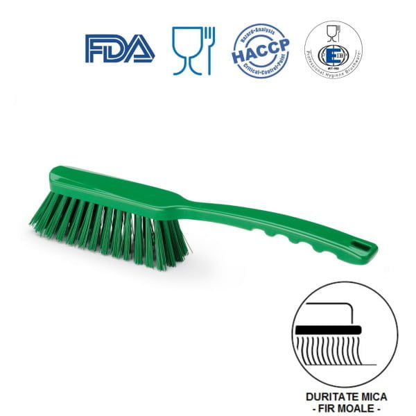 Perie de mana cu maner mediu, duritate usoara, peri moi, verde, rezistenta la 121°C,, autoclavare  pentru industria alimentara, certificare HACCP, FDA