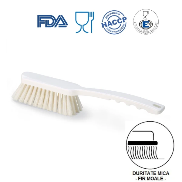 Perie de mana cu maner mediu, duritate usoara, peri moi, alba, rezistenta la 121°C,, autoclavare  pentru industria alimentara, certificare HACCP, FDA