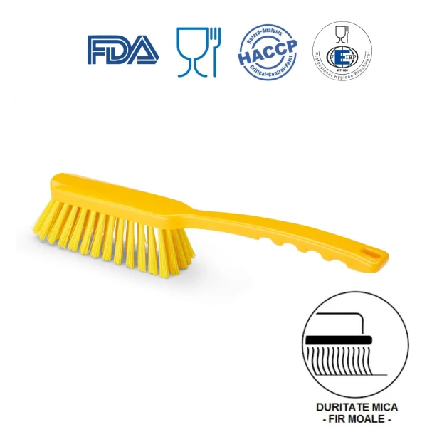 Perie de mana cu maner mediu, duritate usoara, peri moi, galbena, rezistenta la 121°C,, autoclavare  pentru industria alimentara, certificare HACCP, FDA