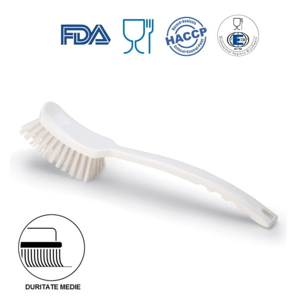 Perie de mana cu maner lung, duritate medie, alba, rezistenta la 121°C, autoclavare  pentru industria alimentara, certificare HACCP, FDA