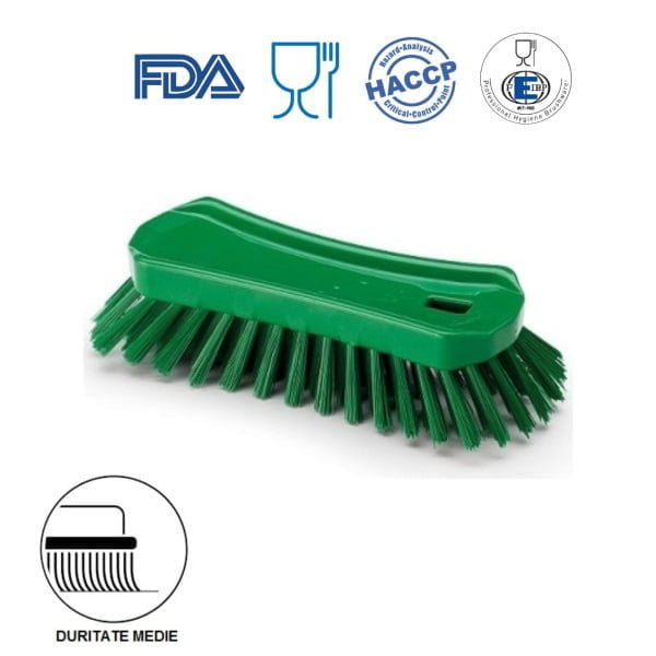 Perie de mana, 23 x 10 cm, ergonomica, duritate medie, verde, rezistenta la 121 °C, autoclavare,  pentru industria alimentara, certificata HACCP, FDA