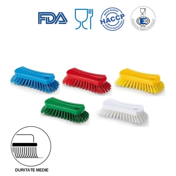 Perie de mana, 23 x 10 cm, ergonomica, duritate medie, albastra, rezistenta la 121 °C, autoclavare,  pentru industria alimentara, certificata HACCP, FDA