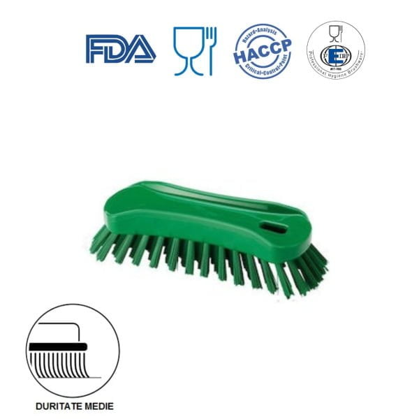 Perie de mana, 18 x 6.5 cm, ergonomica, duritate medie, verde, rezistenta la 121 °C, autoclavare,  pentru industria alimentara, certificata HACCP, FDA