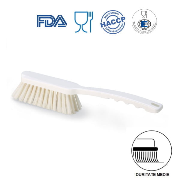 Perie de mana cu maner mediu, duritate medie, alba, rezistenta la 121°C, autoclavare  pentru industria alimentara, certificare HACCP, FDA