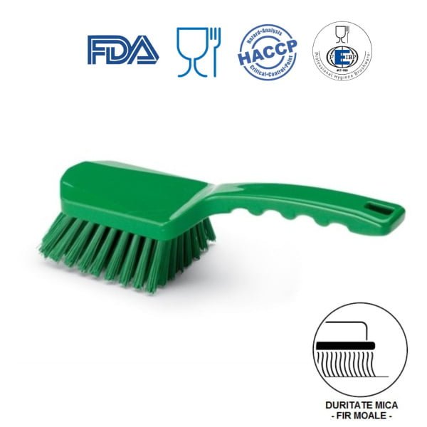 Perie de mana cu maner scurt, Igeax 1007, duritate mica-peri moi, verde, rezistenta la 121°C, autoclavare  pentru industria alimentara, certificare HACCP, FDA