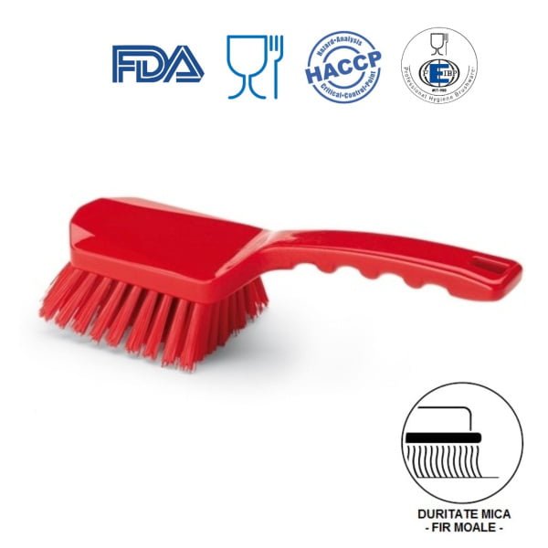 Perie de mana cu maner scurt, Igeax 1007, duritate mica-peri moi, rosie, rezistenta la 121°C, autoclavare  pentru industria alimentara, certificare HACCP, FDA