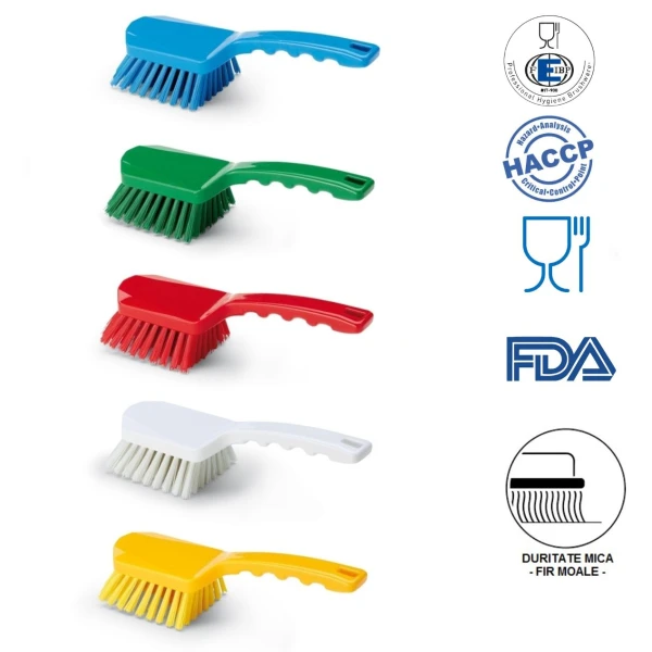 Perie de mana cu maner scurt, Igeax 1007, duritate mica-peri moi, rosie, rezistenta la 121°C, autoclavare  pentru industria alimentara, certificare HACCP, FDA