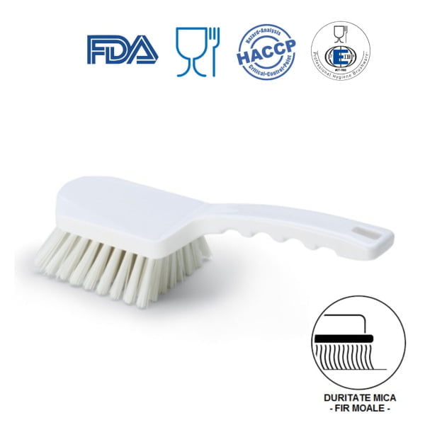 Perie de mana cu maner scurt, Igeax 1007, duritate mica-peri moi, alba, rezistenta la 121°C, autoclavare  pentru industria alimentara, certificare HACCP, FDA