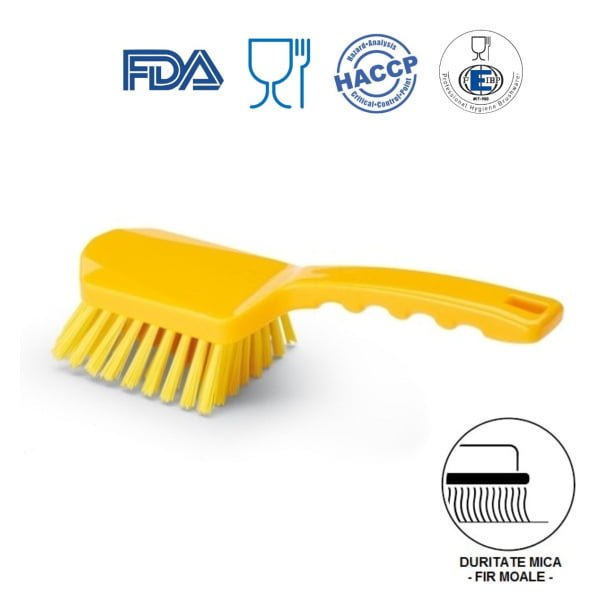 Perie de mana cu maner scurt, Igeax 1007, duritate mica-peri moi, galbena, rezistenta la 121°C, autoclavare  pentru industria alimentara, certificare HACCP, FDA