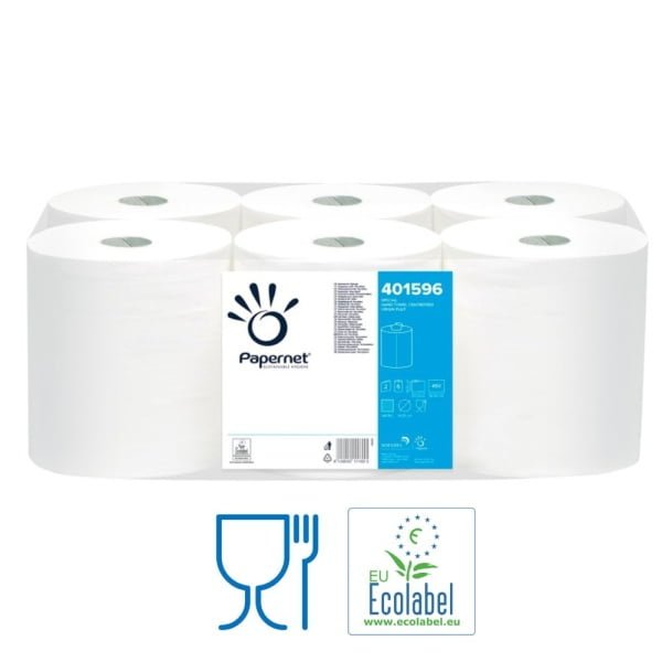 Rola hartie cu derulare centrala 401596, Papernet, celuloza, 137 m, 2 straturi, 450 portii/rola, 6 role/bax, certificata pentru industria alimentara Food Contact,  EcoLabel