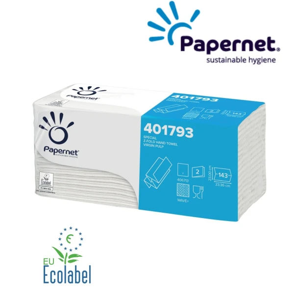 Prosoape de hartie impaturite Z, 401793, Papernet, celuloza, albe, 2 straturi, 143 servetele/pachet, 20 pachete/bax, certificate Ecolabel