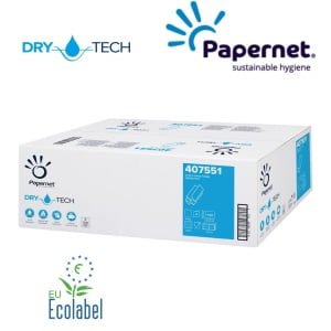 Prosoape de hartie impaturite Z, 407551, Papernet, Dry Tech, albe, 2 straturi, 130 servetele/pachet, 20 pachete/bax, certificate Ecolabel, pentru dispensere inguste
