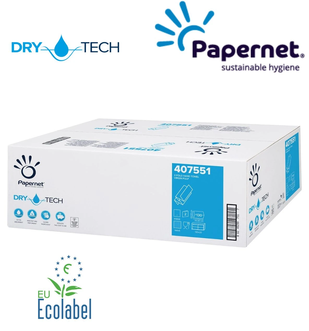 Prosoape de hartie impaturite Z, 407551, Papernet, Dry Tech, albe, 2 straturi, 130 servetele/pachet, 20 pachete/bax, certificate Ecolabel, pentru dispensere inguste