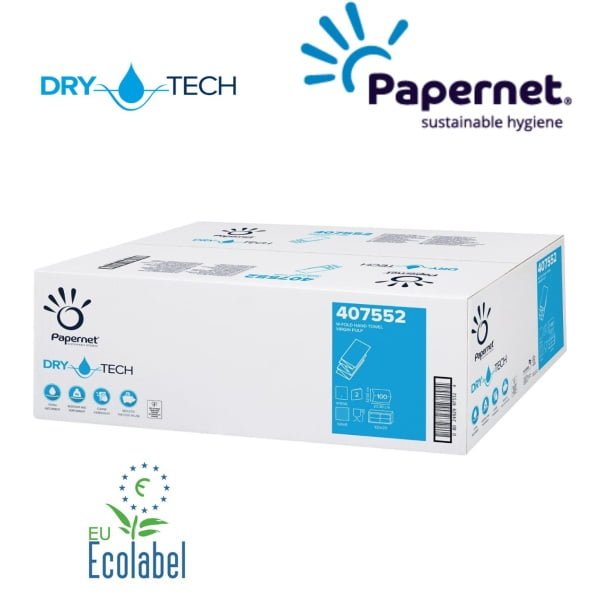 Prosoape de hartie impaturite W, 407552, Papernet, Dry Tech, albe, 2 straturi, 100 servetele/pachet, 20 pachete/bax, certificate Ecolabel