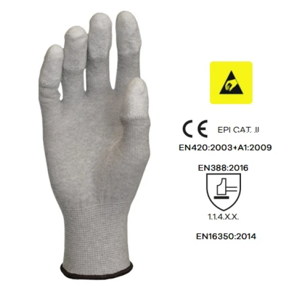 Manusi de protectie ESD cu imersie PU pe degete, EUROLITE EST80, gri, din poliester si fibra de carbon, certificate EN 16350:2014, Coverguard