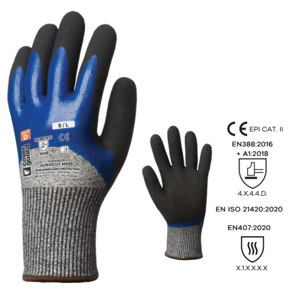 Manusi de protectie la taiere nivel D, abraziune si intepare, EUROCUT N505, din fibra de sticla, dublu imersate in nitril, rezistenta termica max 100°C , Coverguard