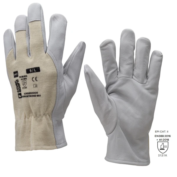 Mănuși de protectie din piele moale de capra, Eurostrong 850, albe, dosul palmei din bumbac, confortabile, cu aderenta crescuta, Coverguard