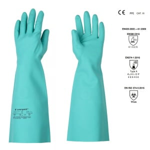 Manusi rezistente la chimicale, din nitril, EUROCHEM N5540, verzi, grosime 0,56 mm, lungime 45 cm, protectie impotriva chimicalelor si microorganismelor