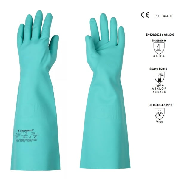 Manusi rezistente la chimicale, din nitril, EUROCHEM N5540, verzi, grosime 0,56 mm, lungime 45 cm, protectie impotriva chimicalelor si microorganismelor