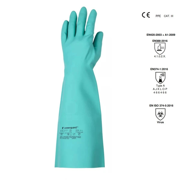 Manusi rezistente la chimicale, din nitril, EUROCHEM N5540, verzi, grosime 0,56 mm, lungime 45 cm, protectie impotriva chimicalelor si microorganismelor