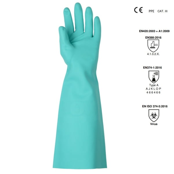 Manusi rezistente la chimicale, din nitril, EUROCHEM N5540, verzi, grosime 0,56 mm, lungime 45 cm, protectie impotriva chimicalelor si microorganismelor