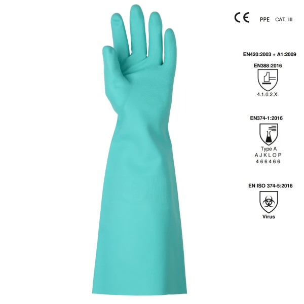 Manusi rezistente la chimicale, din nitril, EUROCHEM N5540, verzi, grosime 0,56 mm, lungime 45 cm, protectie impotriva chimicalelor si microorganismelor