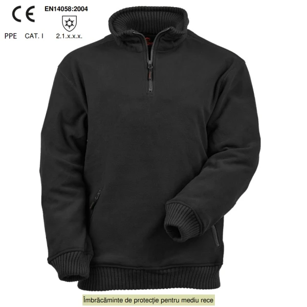 Pulover / Hanorac Angara, negru, cu fermoar la baza gatului, fleece, gros, poliester micropolar, 420 g/m², fara scamosare, mediu cu temperaturi scazute