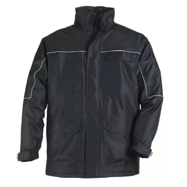 Geaca de iarna impermeabila, RIPSTOP, captusita, guler inalt, gluga ascunsa in guler, neagra, cu elemente reflectorizante