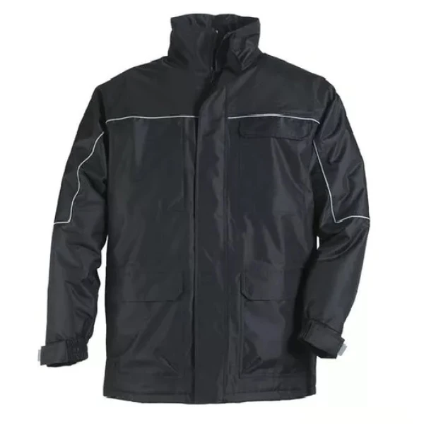 Geaca de iarna impermeabila, RIPSTOP, captusita, guler inalt, gluga ascunsa in guler, neagra, cu elemente reflectorizante
