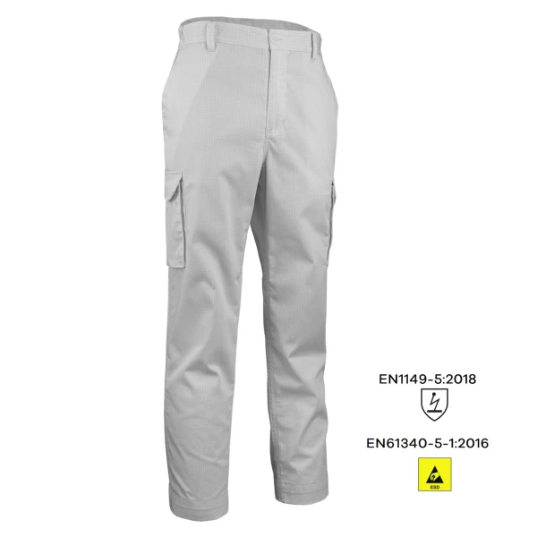 Pantaloni ESD, pe talie, TARANIS, albi, practici si confortabili, 5 buzunare, 65% poliester, 33% bumbac, 2% fibre antistatice, 195 gr/m², certificat EN1149-5:2018, EN61340-5-1:2016
