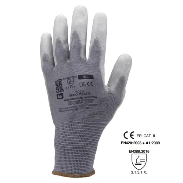 Manusi de protectie Eurolite 6030, gri, imersate cu poliuretan (PU) pe palma, rezistente la uzura si rupere, 10 perechi/pachet Coverguard