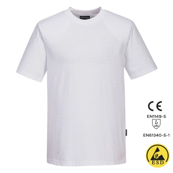 PWAS20WHR_Tricou antistatic, ESD, cu maneca scurta, AS20, alb, 96% bumbac, 4% fibra Carbon 195g_m², certificat EN 1149 -5, IEC 61340-5-1_fata Tricou antistatic, ESD, cu maneca scurta, AS20, alb, usor si confortabil, 96% bumbac, 4% fibra Carbon 195g/m², certificat EN 1149 -5, IEC 61340-5-1