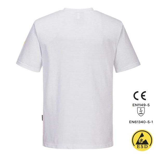 Tricou antistatic, ESD, cu maneca scurta, AS20, alb, usor si confortabil, 96% bumbac, 4% fibra Carbon 195g/m², certificat EN 1149 -5, IEC 61340-5-1
