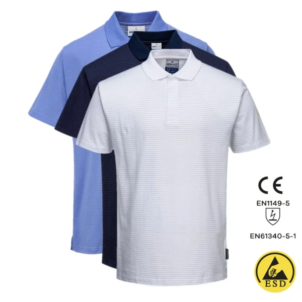 Tricou Polo, antistatic, ESD, cu maneca scurta, AS21, alb, usor si confortabil, 96% bumbac, 4% fibra Carbon 195g/m², certificat EN 1149 -5, IEC 61340-5-1