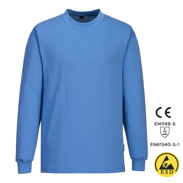 PWAS22HBR_Tricou antistatic, ESD, cu maneca lunga, AS22, albastru deschis, 96% bumbac, 4% fibra Carbon 195g_m², certificat EN 1149 -5, IEC 61340-5-1_fata Tricou antistatic, ESD, cu maneca lunga, AS22, albastru deschis, usor si confortabil, 96% bumbac, 4% fibra Carbon 195g/m², certificat EN 1149 -5, IEC 61340-5-1