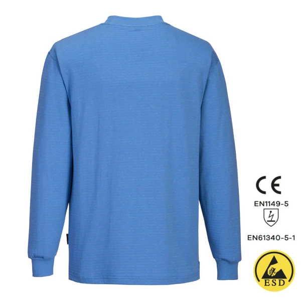 Tricou antistatic, ESD, cu maneca lunga, AS22, albastru deschis, usor si confortabil, 96% bumbac, 4% fibra Carbon 195g/m², certificat EN 1149 -5, IEC 61340-5-1