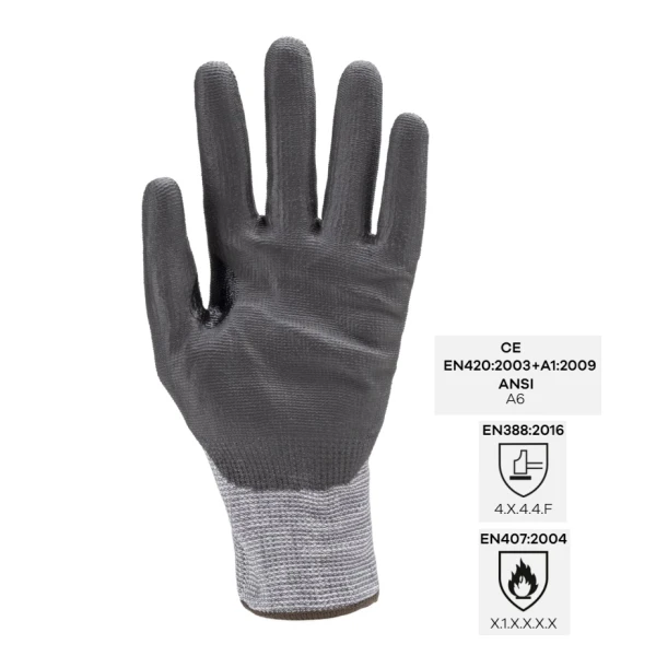 Manusi de protectie cu rezistenta la taiere F, protectie la temperatura 100°C pentru 15 sec, EUROCUT P600, gri, imersie PU, EN 388 : 4X44F, 10 perechi/pachet, Coverguard