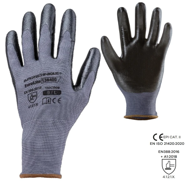 CG1NICB_Manusi de protectie EUROLITE 13N400, gri_negru, din poliester, imersate in PU (poliuretan) pe palma cu dexteritate, aderenta si precizie ridicata_1 Manusi de protectie EUROLITE 13N400, gri/negru, din poliester, imersate in nitril pe palma cu dexteritate, aderenta si precizie ridicata