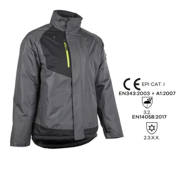 CG5YUZ450_Geaca de iarna, impermeabila, captusita, Ripstop, YUZU, cu gluga, gri-negru, spate extins in lungime, Coverguard_1 Geaca de iarna, impermeabila, captusita, Ripstop, YUZU, cu gluga, gri-negru, spate extins in lungime, Coverguard