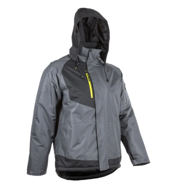 Geaca de iarna, impermeabila, captusita, Ripstop, YUZU, cu gluga, gri-negru, spate extins in lungime, Coverguard