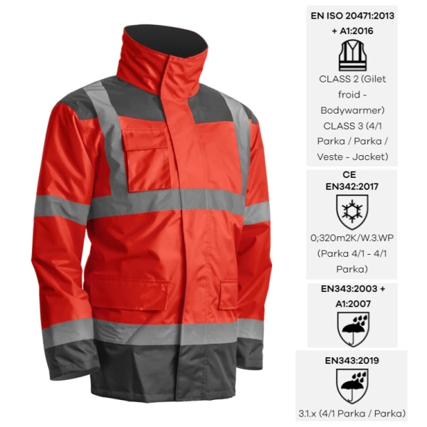 Haina de lucru pentru iarna, multifunctionala, HI-VIZ, 4 in 1, reflectorizanta, impermeabila, Kanata, rosu/gri inchis (antracit), cu maneci si gluga detasabile